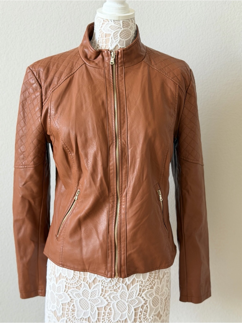 Guess Women's Cognac Brown Leather Zip Jacket